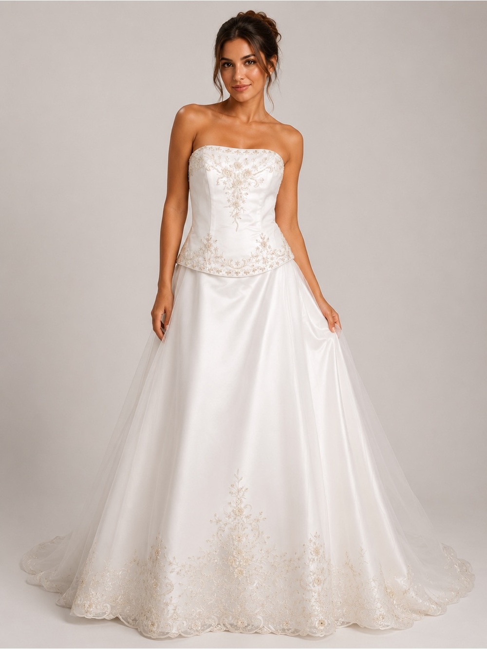 DaVinci Strapless White Satin Bridal Gown with Gold Embroidery